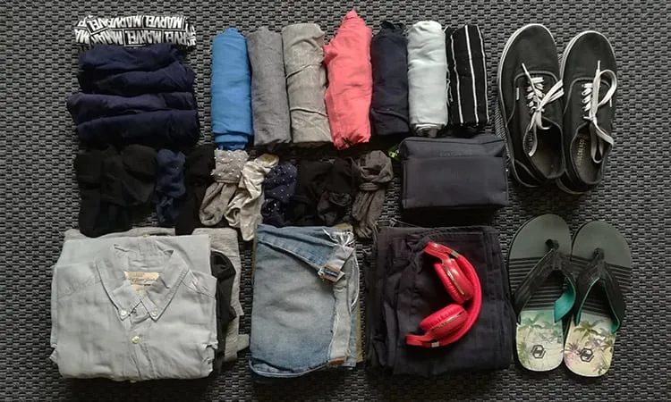 top view of Mens packing list for a two week vacation