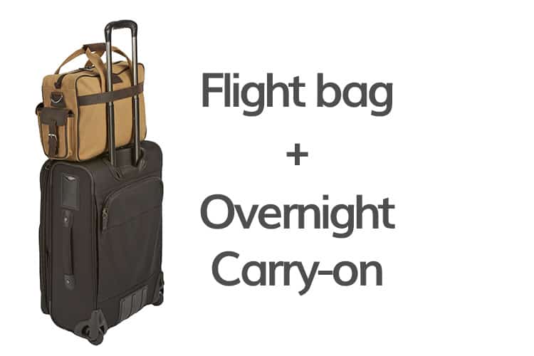 A Flight outfitters flight bag on top of a carry-on