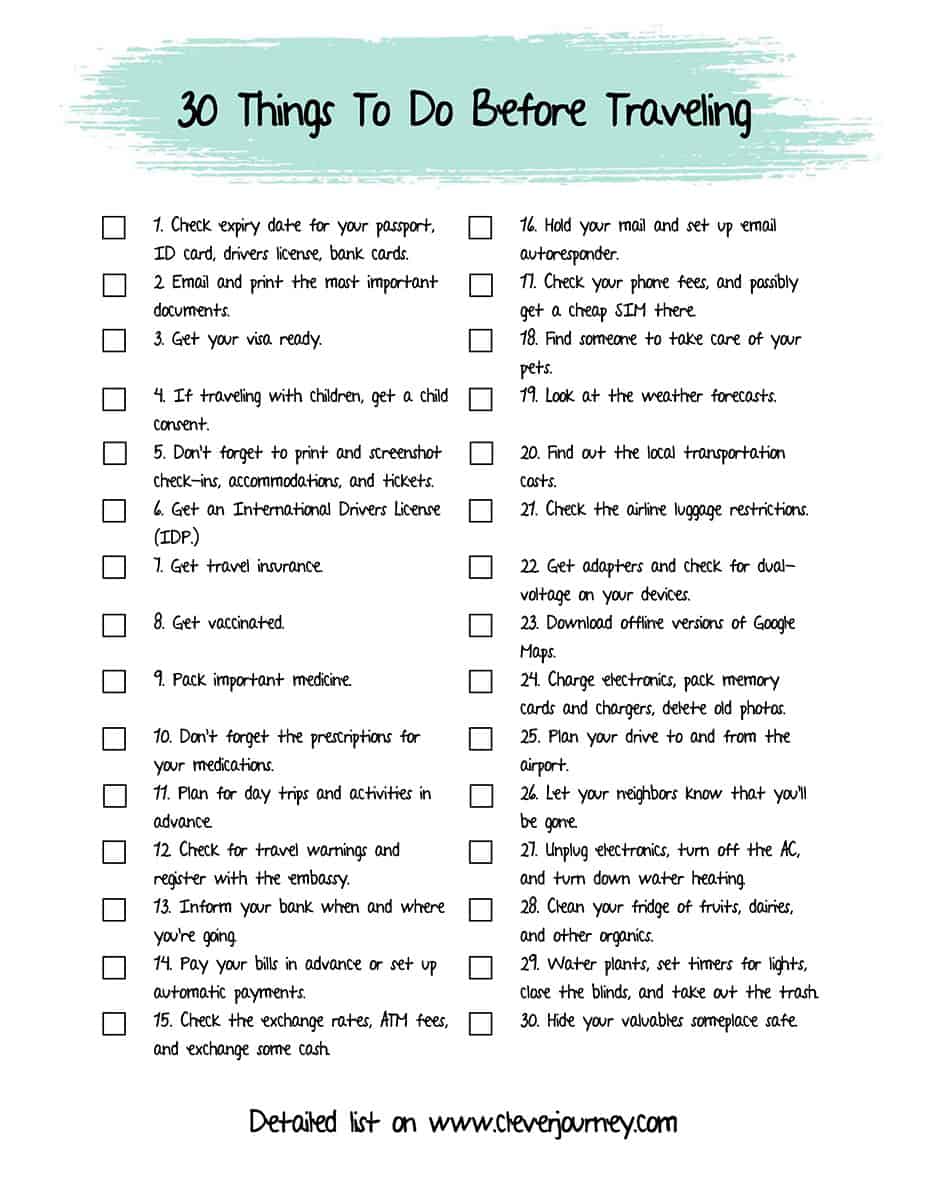 30 things to do before traveling checklist