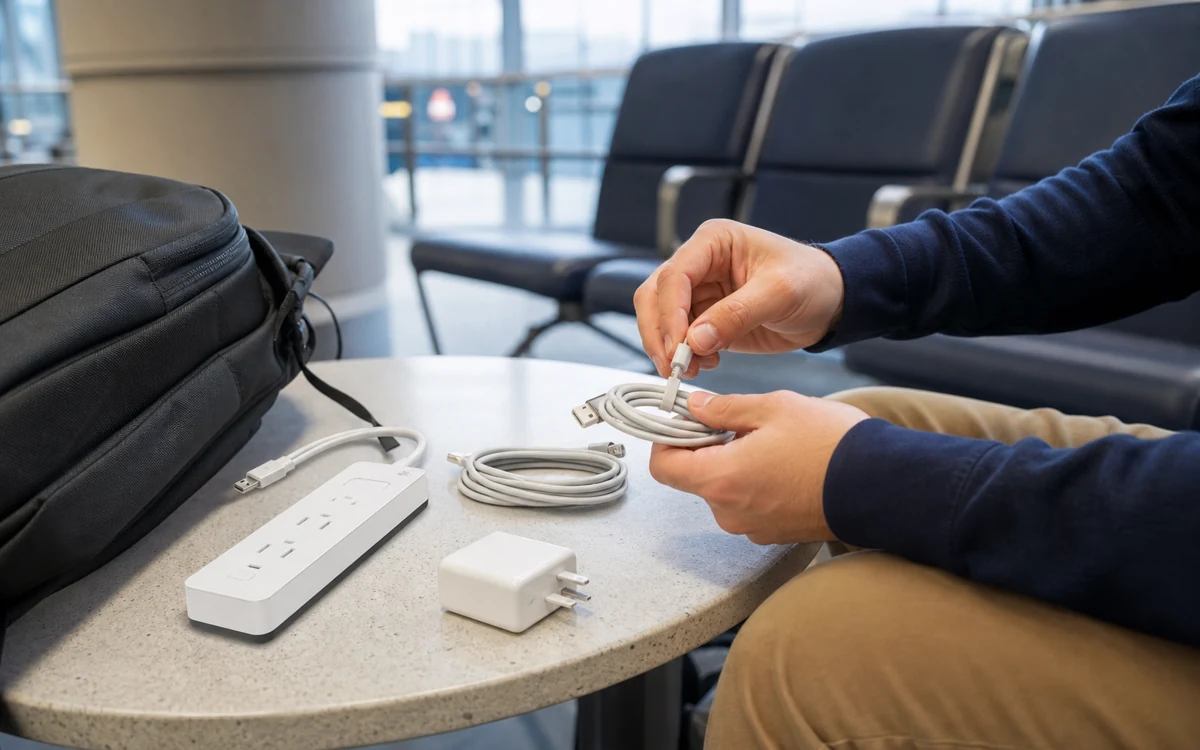 Laptops on Planes: TSA Rules, Batteries, and Packing Tips 4 Laptop charger cables and travel electronics organized before a flight