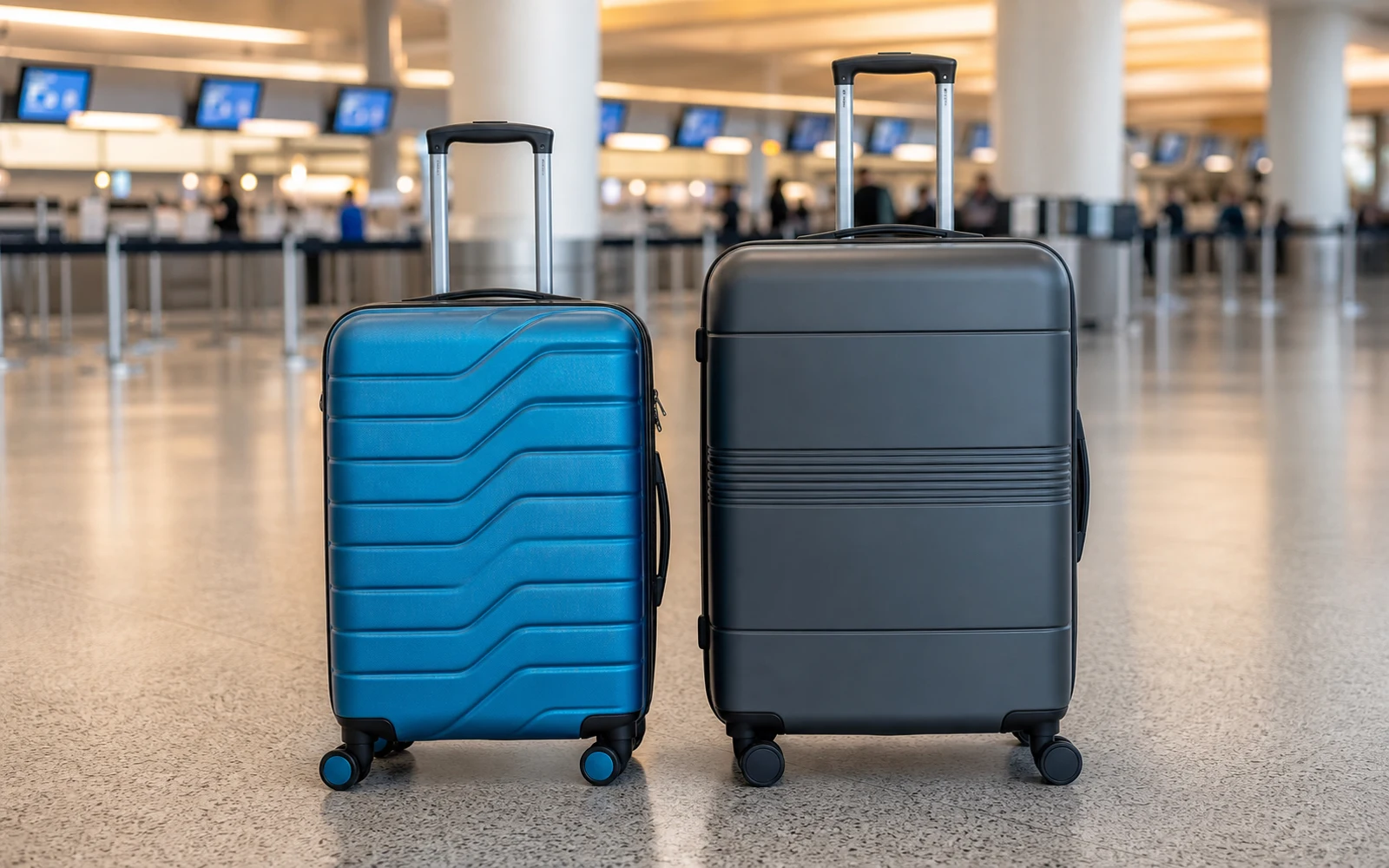 Suitcases lined up at an airport for comparing durable luggage brands