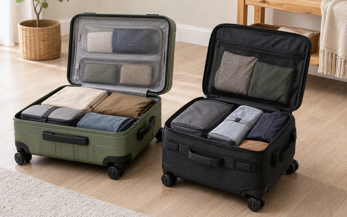 Durable hardside and softside luggage packed side by side