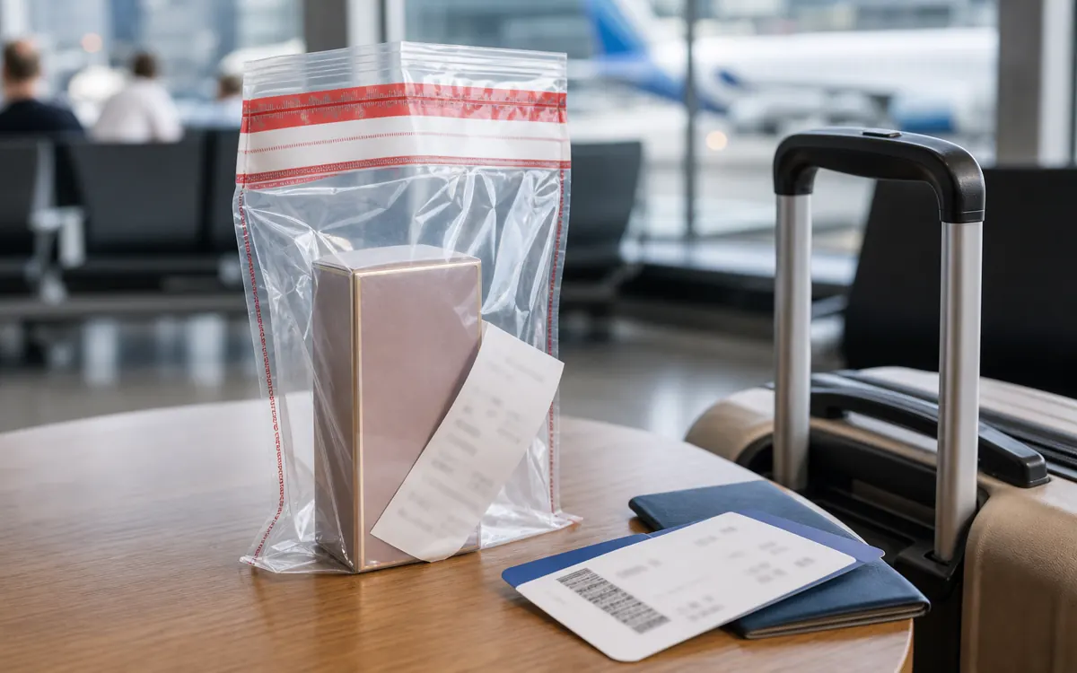 Duty-free perfume sealed in a tamper-evident airport bag