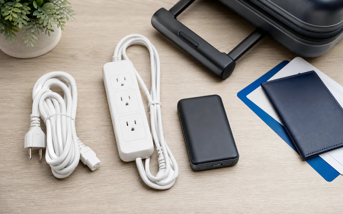 Extension cord power strip and power bank packed separately for a flight