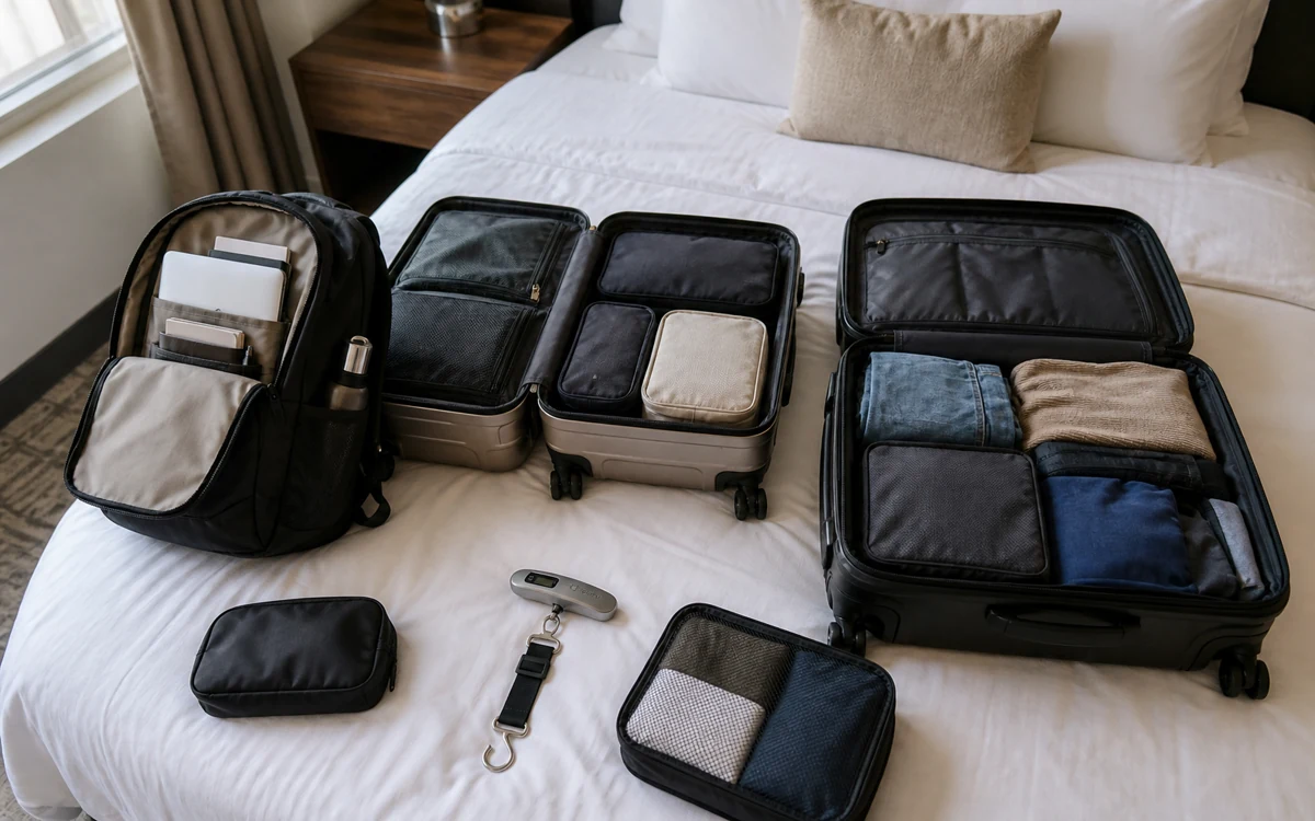 Personal item carry-on and checked suitcase packed for an international flight
