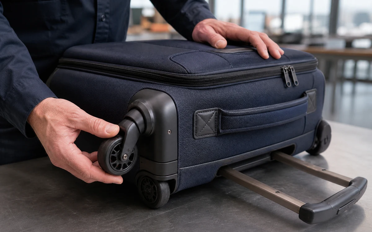 Traveler inspecting a suitcase wheel, handle, zipper, and reinforced corner