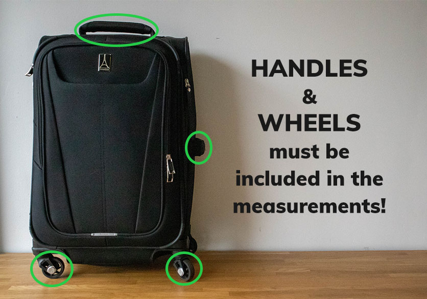 Measuring luggage including wheels and handles