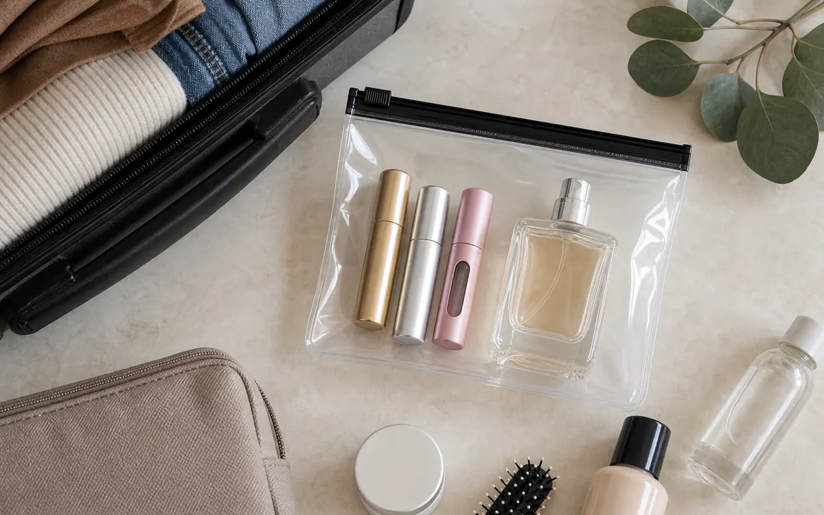 Perfume packed in a TSA liquids bag for carry-on travel