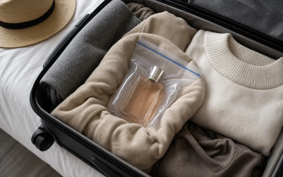 Perfume bottle sealed in a plastic bag inside checked luggage
