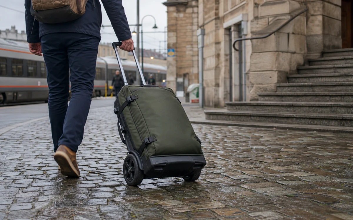 Traveler pulling durable wheeled luggage over wet cobblestones