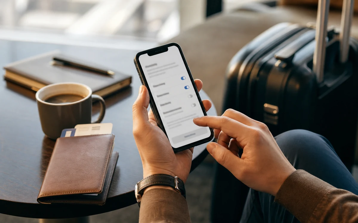 Traveler checking privacy and cookie choices on a phone