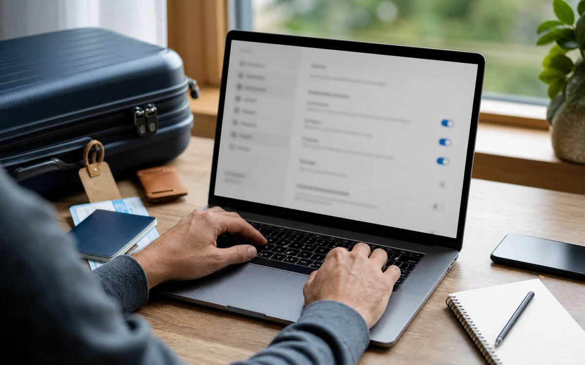 Traveler reviewing privacy settings on a laptop before a trip