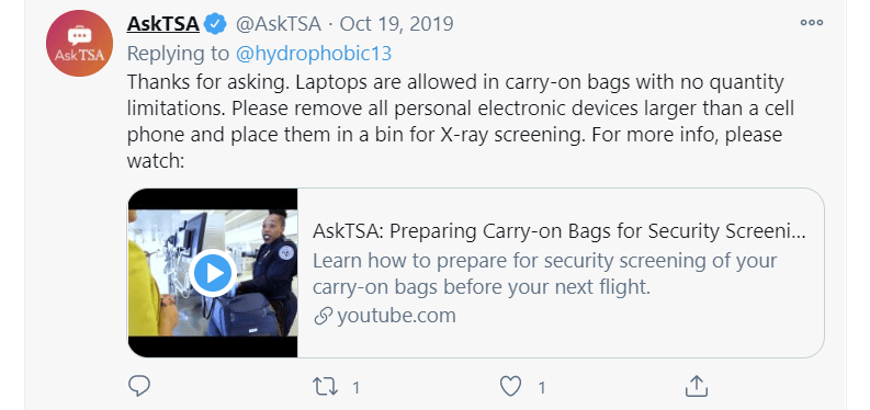 TSA twitter response for multiple laptops on planes