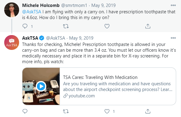 AskTSA answer on Twitter about prescription toothpaste on planes