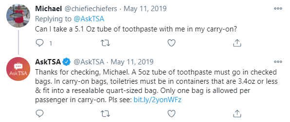 TSA answer on Twitter about toothpaste on planes