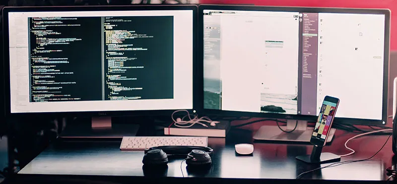 Two external monitors on a desk