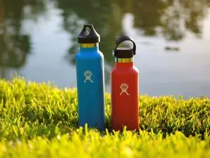 Two metal hydroflasks in a meadow