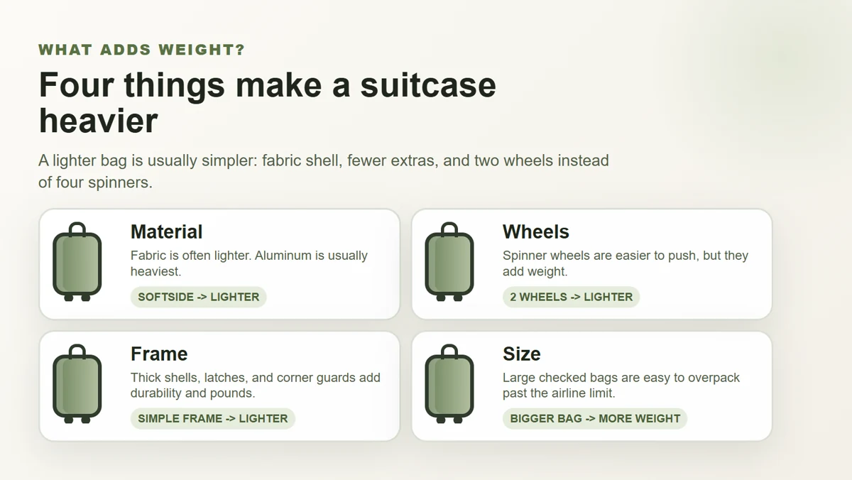 Suitcase features that affect empty suitcase weight